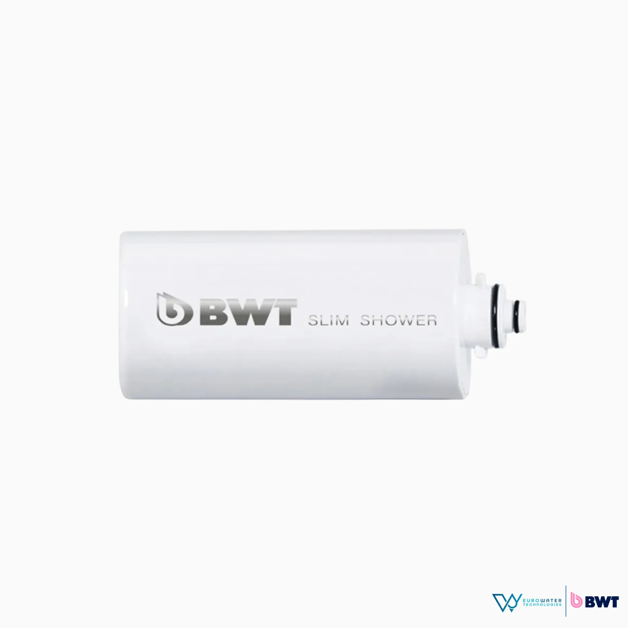 Filtro blanco de agua con el logo de BWT y las palabras "Slim Shower", acompañado de los logos de Eurowater y BWT en la parte inferior de la imagen.