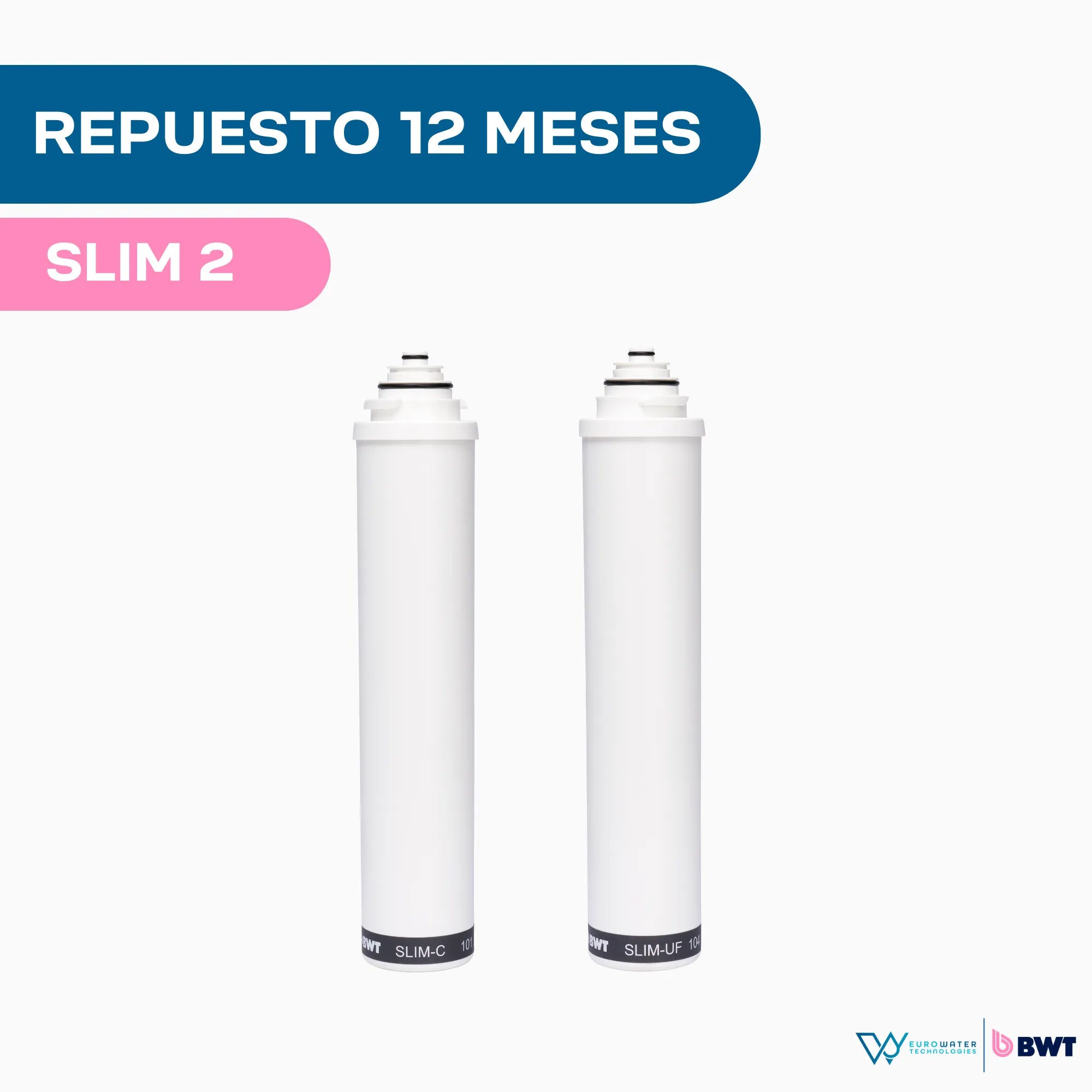 Dos cartuchos de filtros color blanco, con los gráficos "Repuesto 12 meses" y "Slim 2". Acompañada de los logotipos de Eurowater y BWT.