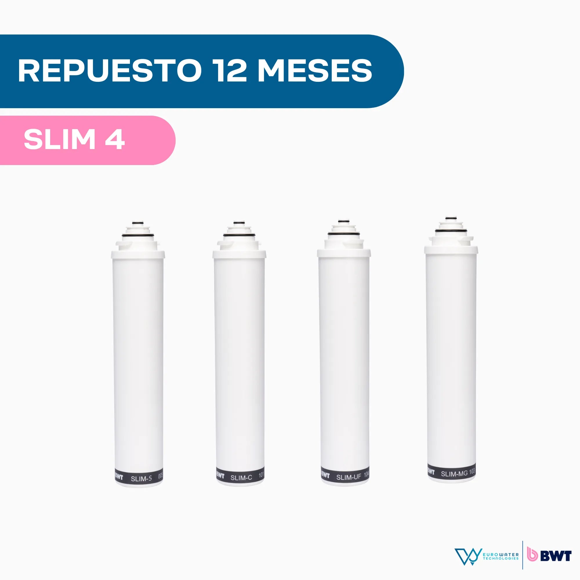 Dos cartuchos de filtros color blanco, con los gráficos "Repuesto 12 meses" y "Slim 4". Acompañada de los logotipos de Eurowater y BWT.
