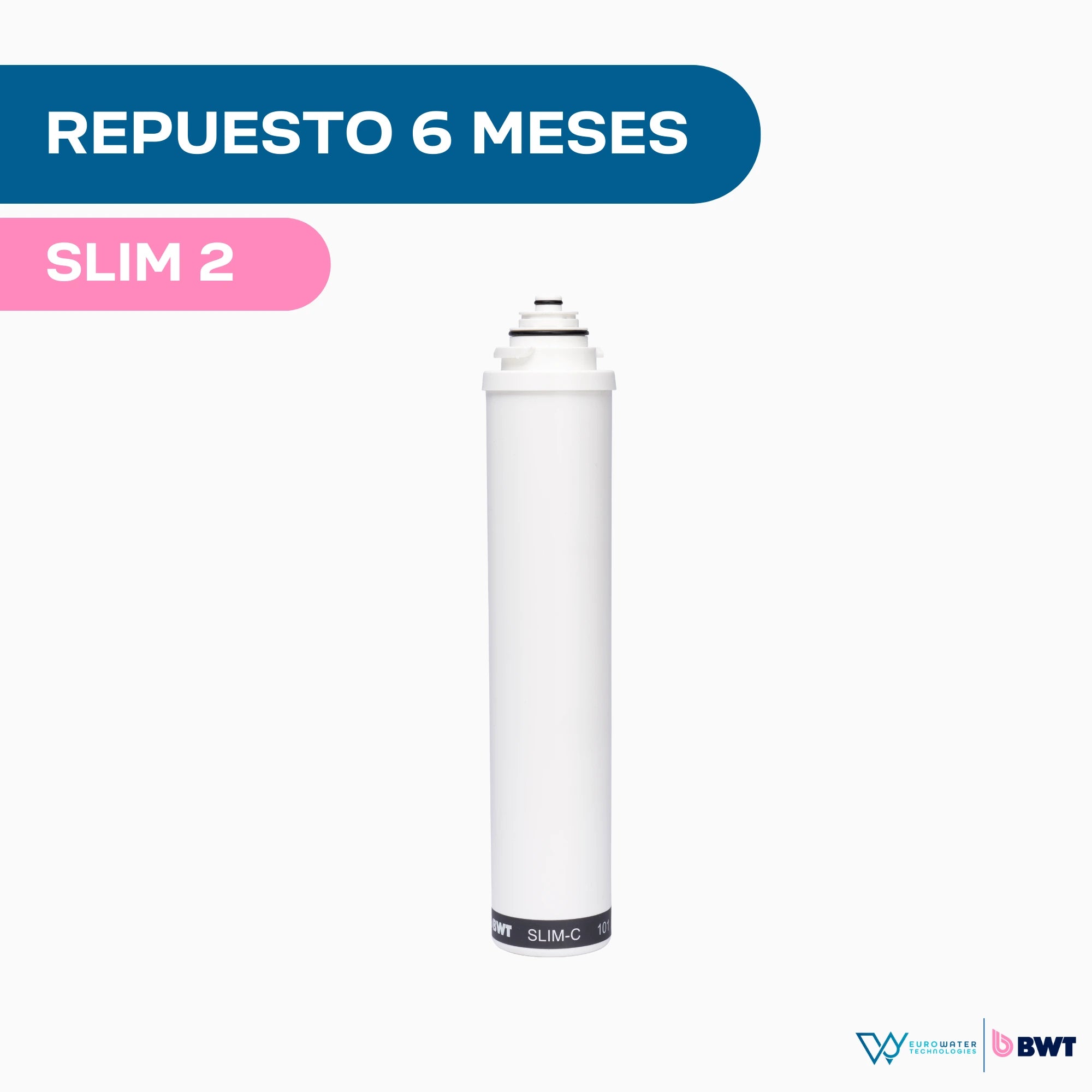 Cartucho de filtro color blanco con los textos "Repuesto 6 meses" y "Slim 2". Acompañada de los logotipos de Eurowater y BWT.