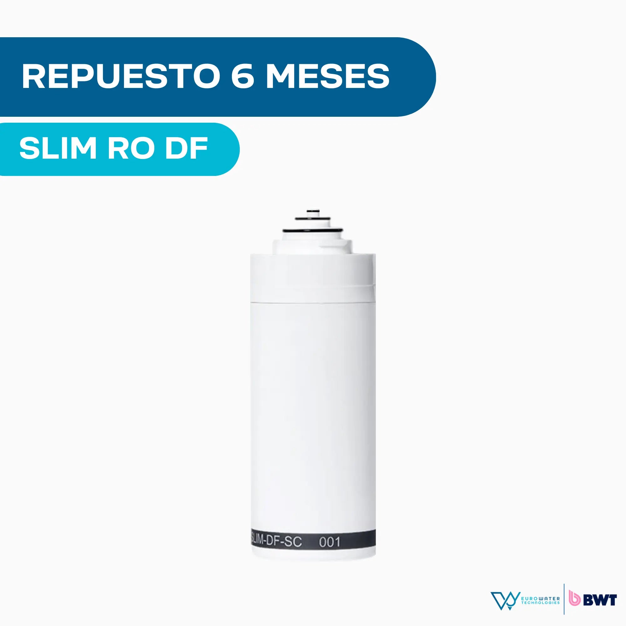 Cartucho blanco para filtro de agua con los gráficos "Repuesto 6 meses" y "Slim RO DF". Acompañada de los logotipos de Eurowater y BWT.
