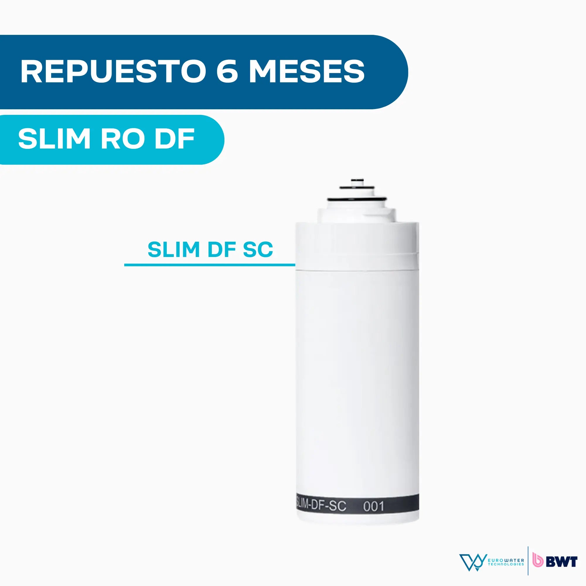 Cartucho blanco para filtro de agua con los gráficos "Repuesto 6 meses", "Slim RO DF" y "Slim DF SC". Acompañada de los logotipos de Eurowater y BWT.