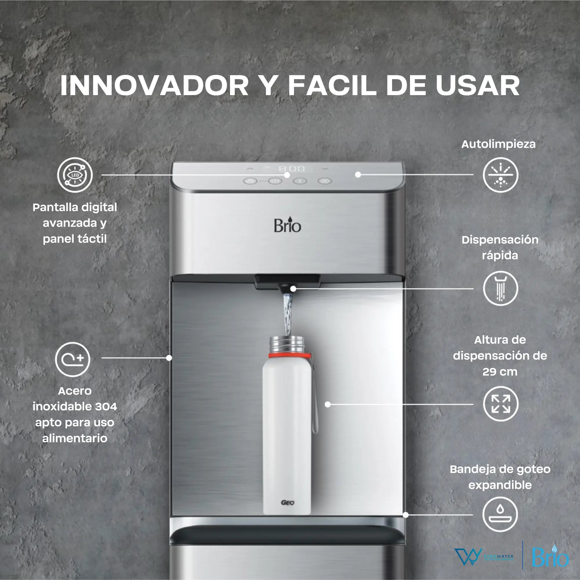 Dispensador de agua marca Brio vertiendo agua en una botella metálica. Los textos gráficos de la imagen apuntan a distintos elementos del dispensador: "INNOVADOR Y FACIL DE USAR", "Pantalla digital avanzada y panel táctil", "Acero inoxidable 304 apto para uso alimentario"; "Autolimpieza", "Dispensación rápida", "Altura de dispensación de 29 cm" y "Bandeja de goteo expandible". Acompañada de los logos de Eurowater y Brio.