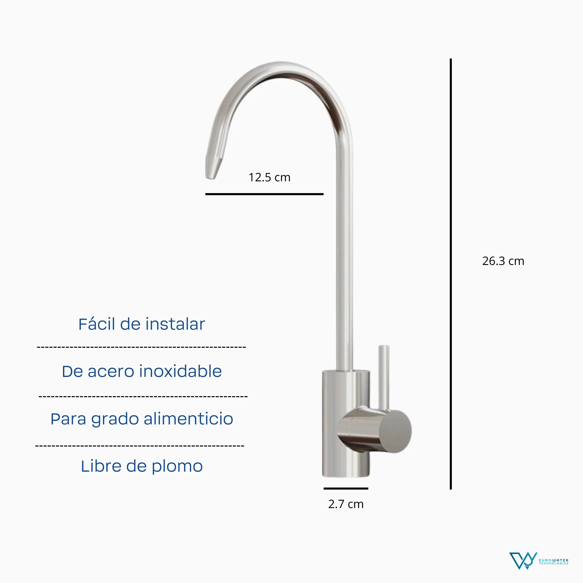 Llave de lavabo con líneas de medición de dimensiones y con los textos "Fácil de instalar", "De acero inoxidable", "Para grado alimenticio" y "Libre de plomo". Acompañada de los logos de Eurowater y BWT.