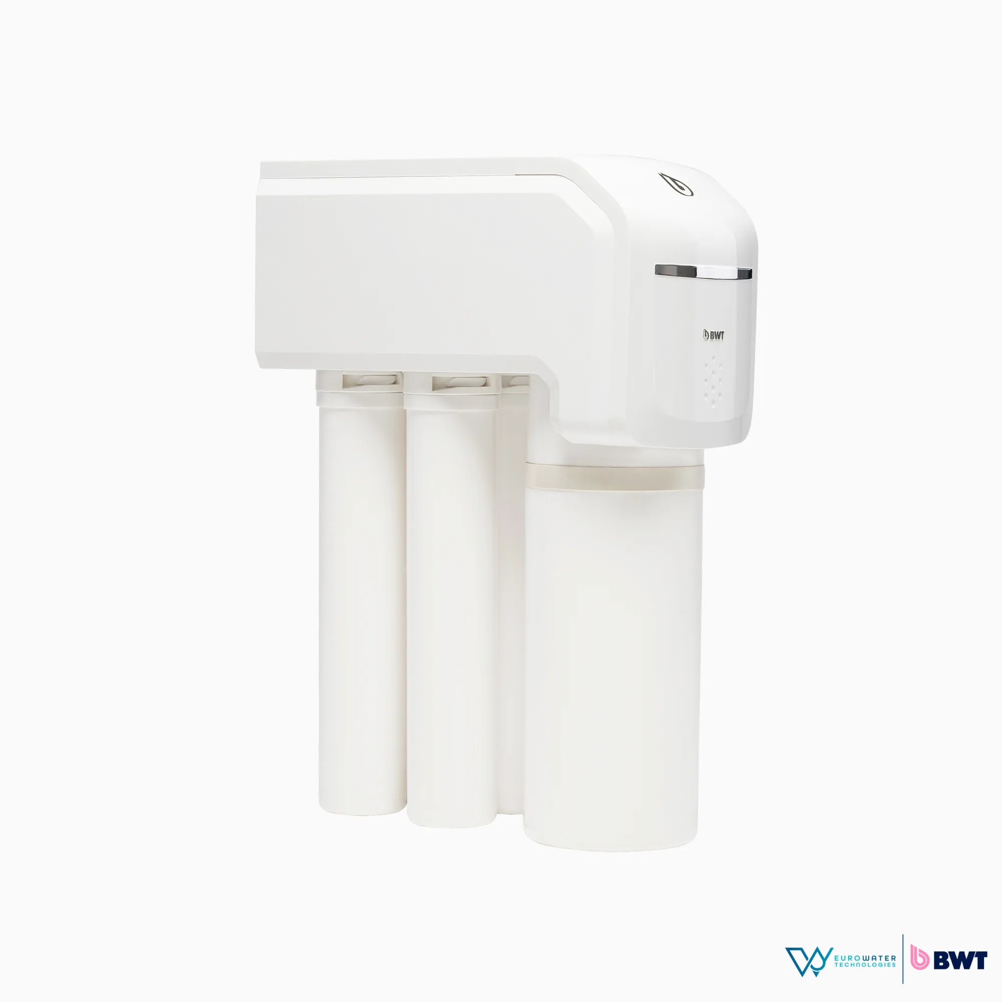 Filtro de agua color blanco con el grabado del logo de BWT. Acompañado de los logos de Eurowater y BWT.