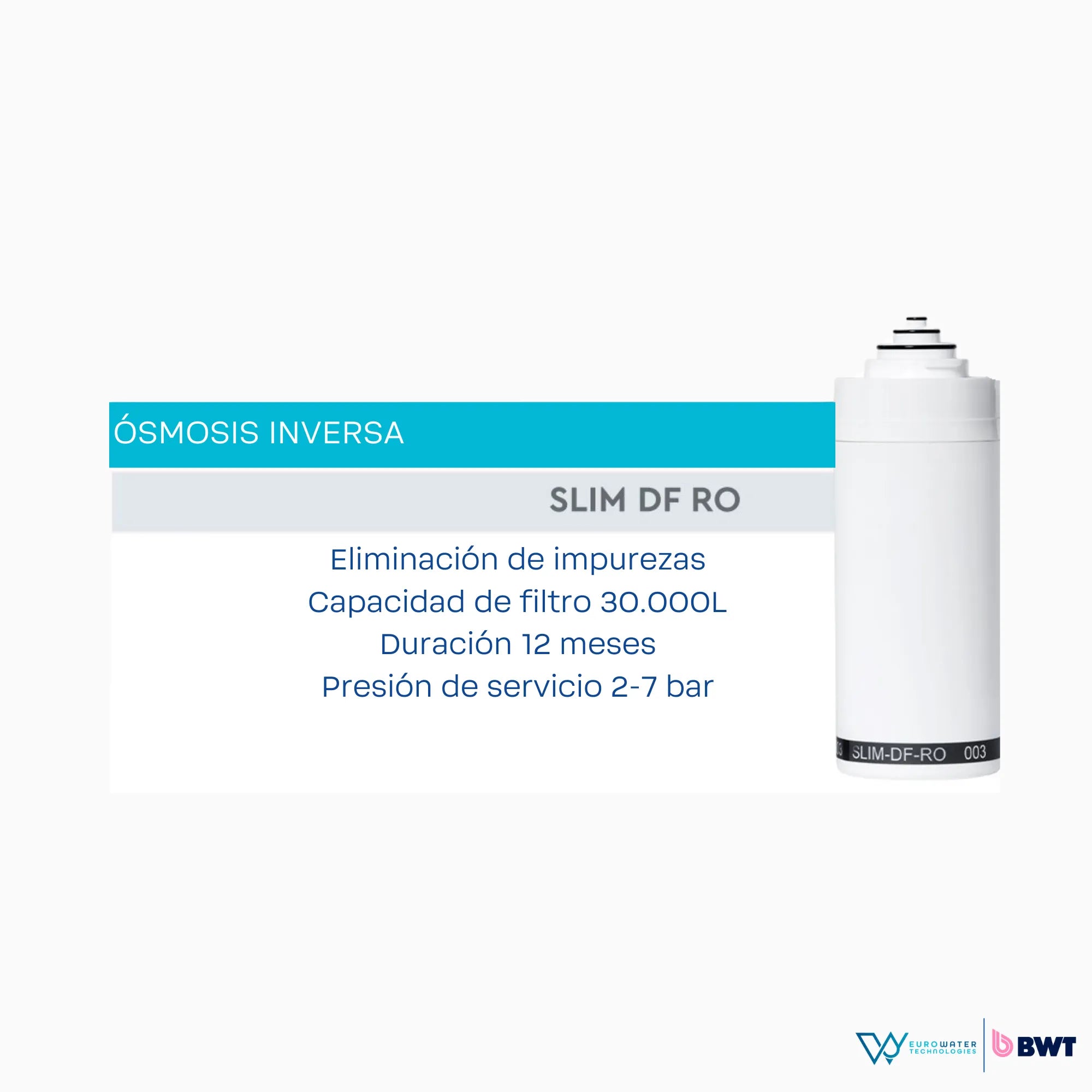 Filtro de agua con tabla explicativa de "Ósmosis Inversa". Acompañada de los logos de Eurowater y BWT en la parte inferior de la imagen.