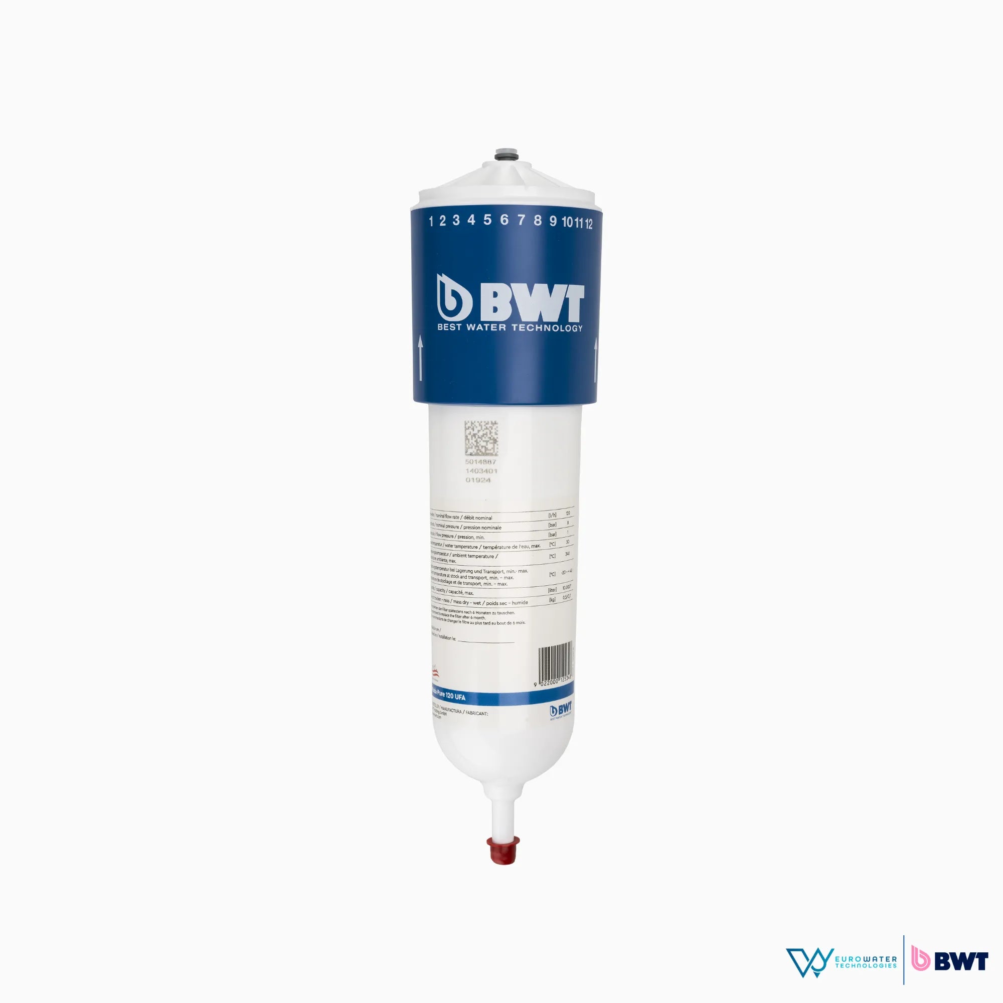 Filtro de agua con una etiqueta azul con el logo de BWT y un listado de especificaciones técnicas. Acompañado de los logos de Eurowater y BWT.