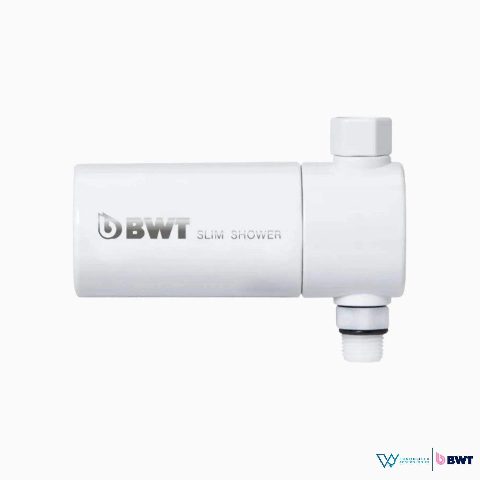 Filtro blanco de agua con el logo de BWT y las palabras "Slim Shower", acompañado de los logos de Eurowater y BWT en la parte inferior de la imagen.