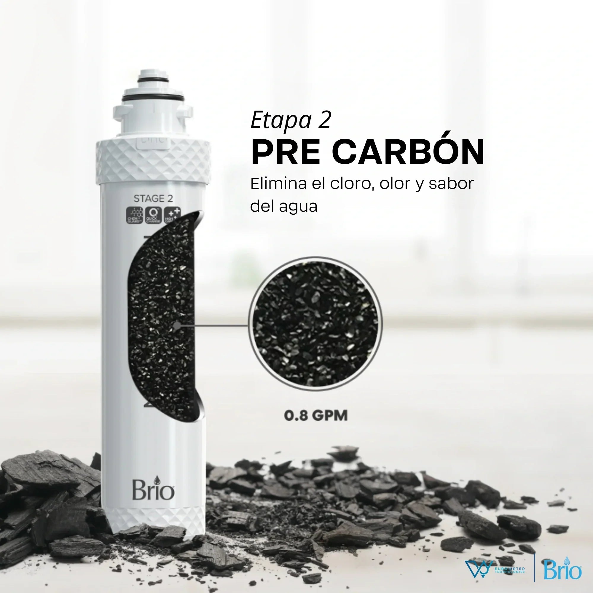 Filtro de Pre Carbón marca Brio con texto descriptivo que dice "Etapa 2. Pre Carbón. Elimina el cloro, olor y sabor del agua". Acompañada de los logos de Eurowater y Brio.