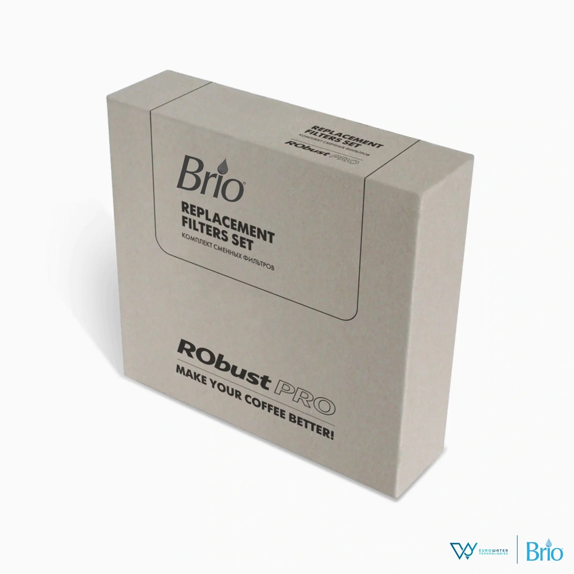Caja con el grabado "Brio. Replacement filter set. Robust PRO. Make your coffee better". Acompañada de los logos de Eurowater y BWT.