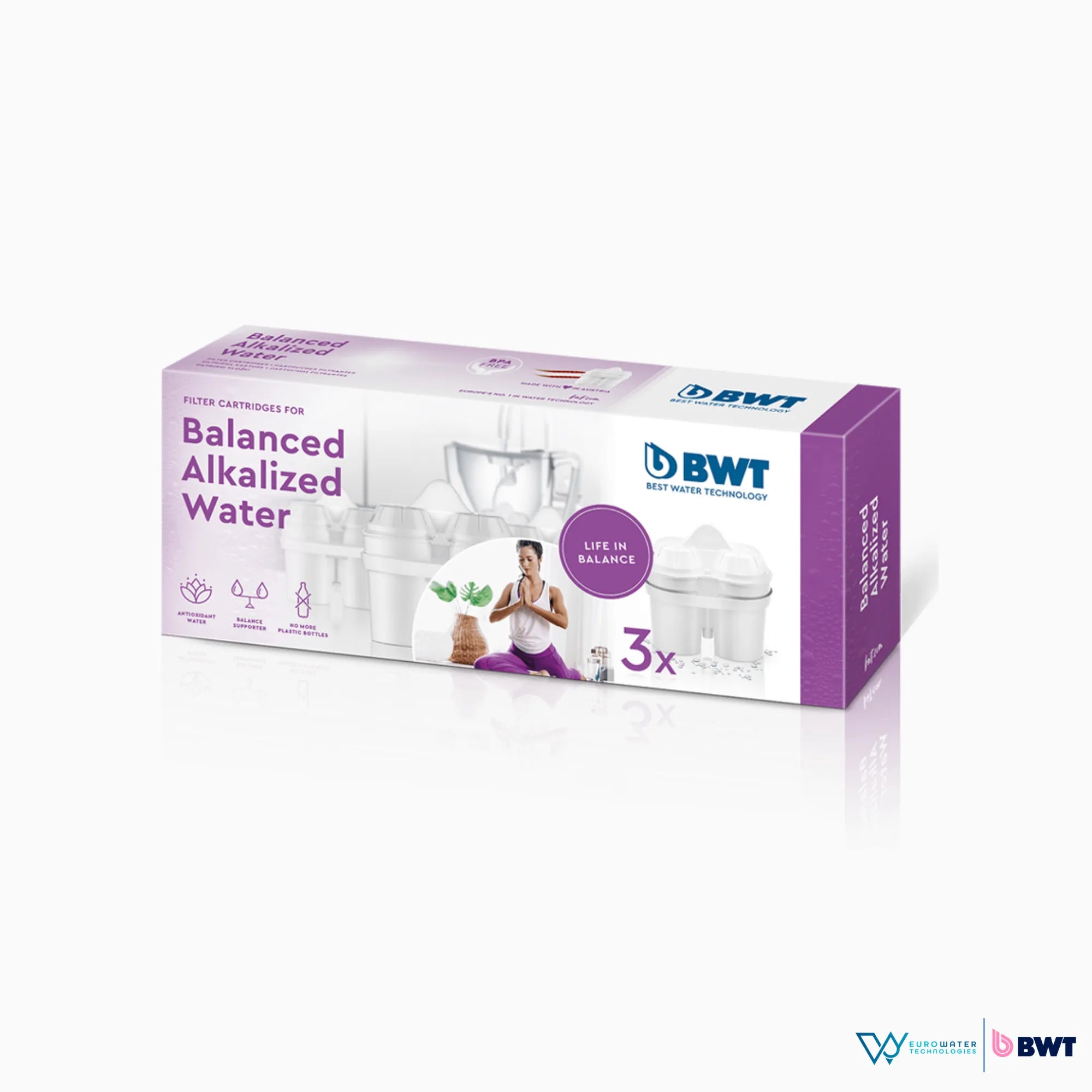 Caja color morado de 3 filtros alcalinos para agua marca BWT, acompañada de los logos de Eurowater y BWT.