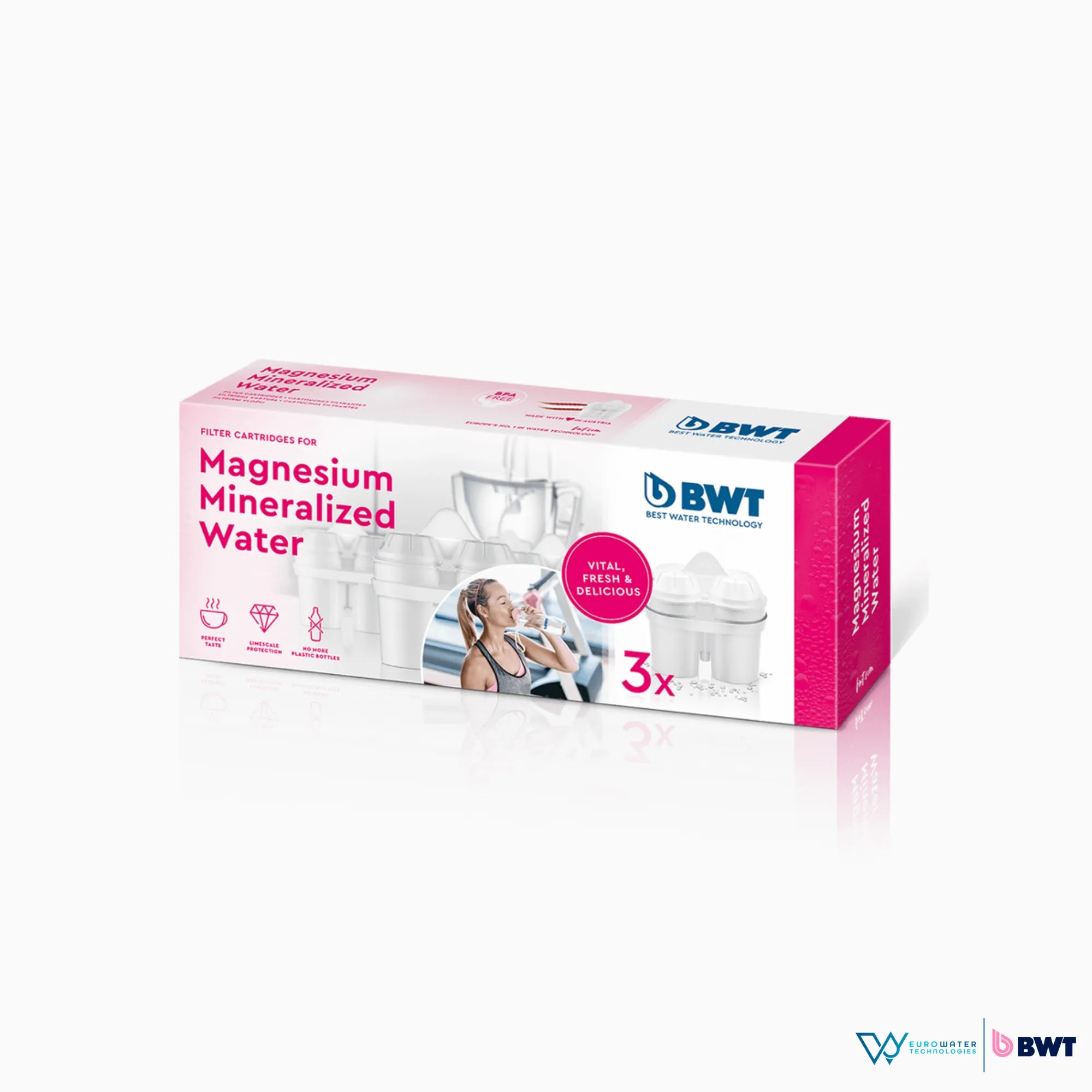 Caja rosa de 3 filtros de magnesio para agua marca BWT, acompañada de los logos de Eurowater y BWT.