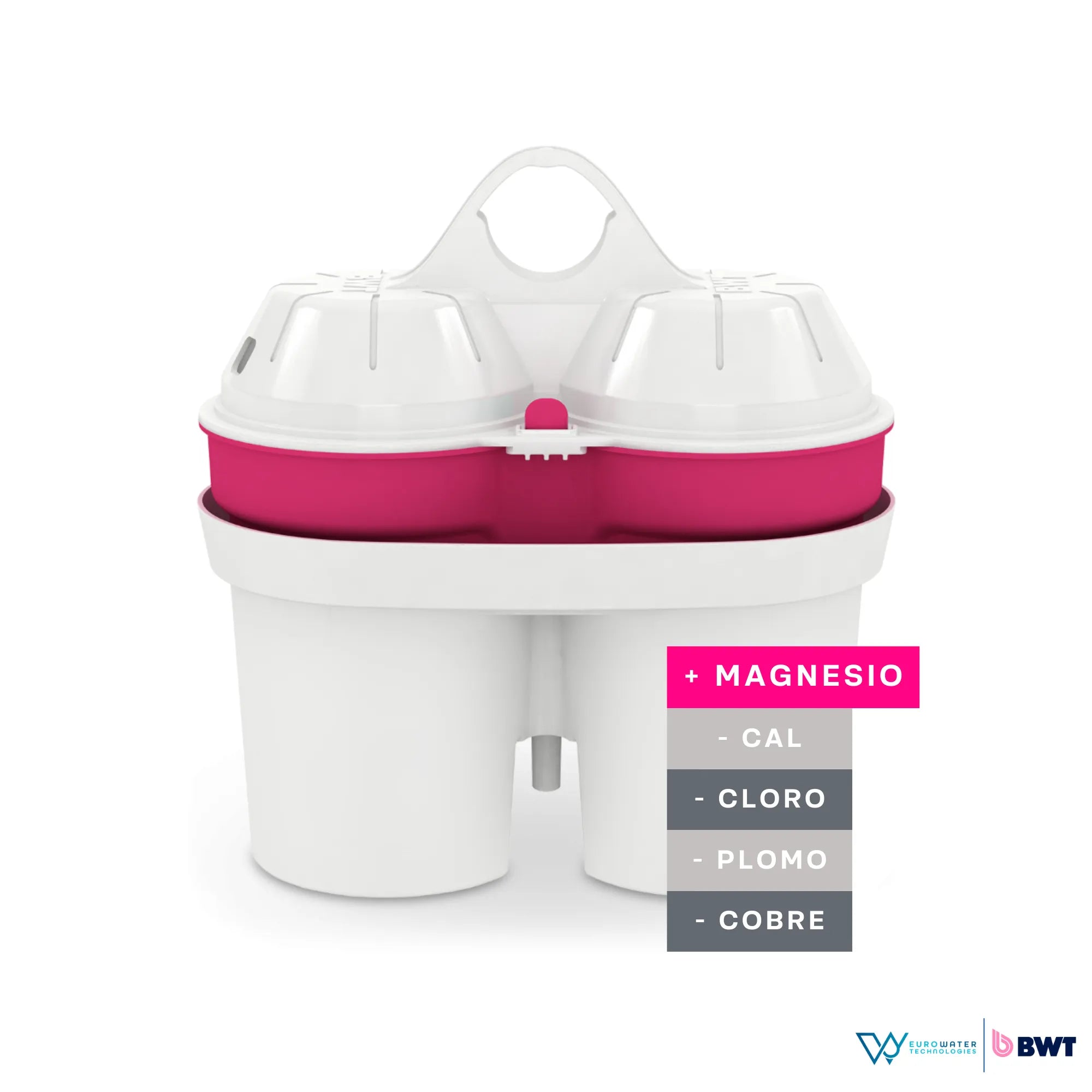 Filtros de magnesio para agua de color blanco con rosa acompañado de un listado de "+ magnesio, - cal, - cloro, - plomo, - cobre", con los logos de Eurowater y BWT.
