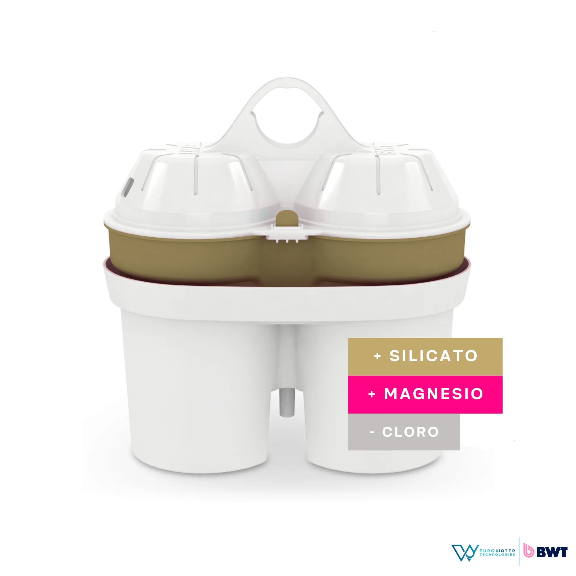 Filtros de silicato y magnesio para agua de color blanco con olivo acompañado de un listado de "+ silicato, + magnesio, - cloro", con los logos de Eurowater y BWT.