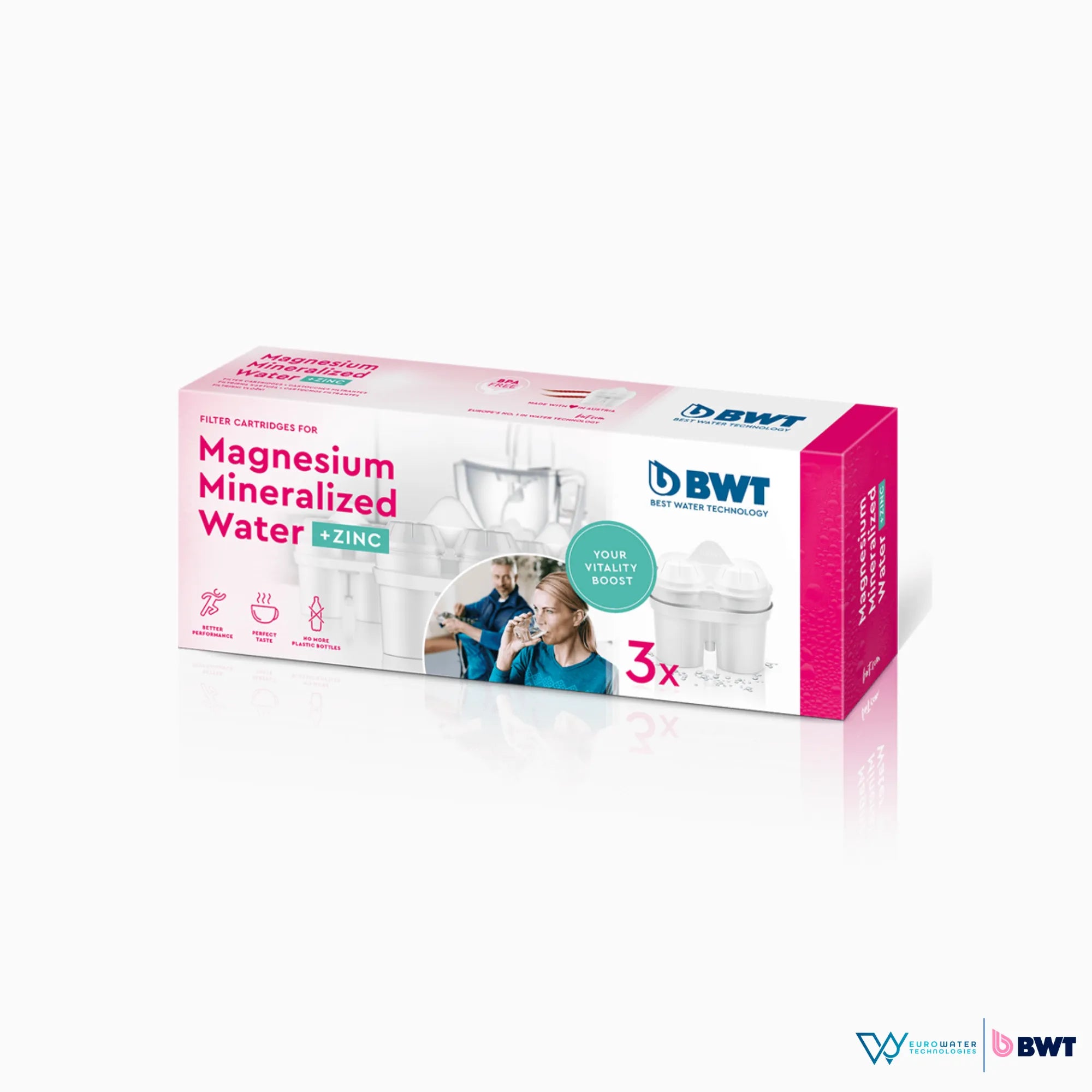 Caja color rojo de 3 filtros de zinc para agua marca BWT, acompañada de los logos de Eurowater y BWT.