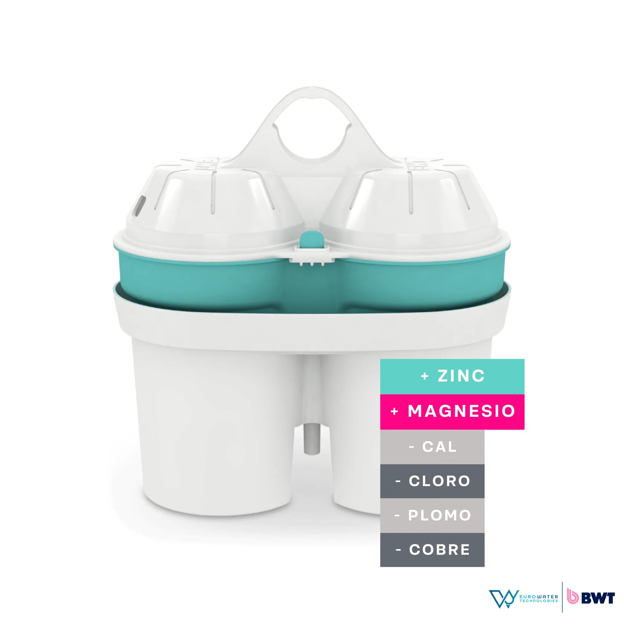Filtros para agua de color blanco con turquesa acompañado de un listado de "+ zinc, + magnesio, -cal, - cloro, - plomo, - cobre", con los logos de Eurowater y BWT.
