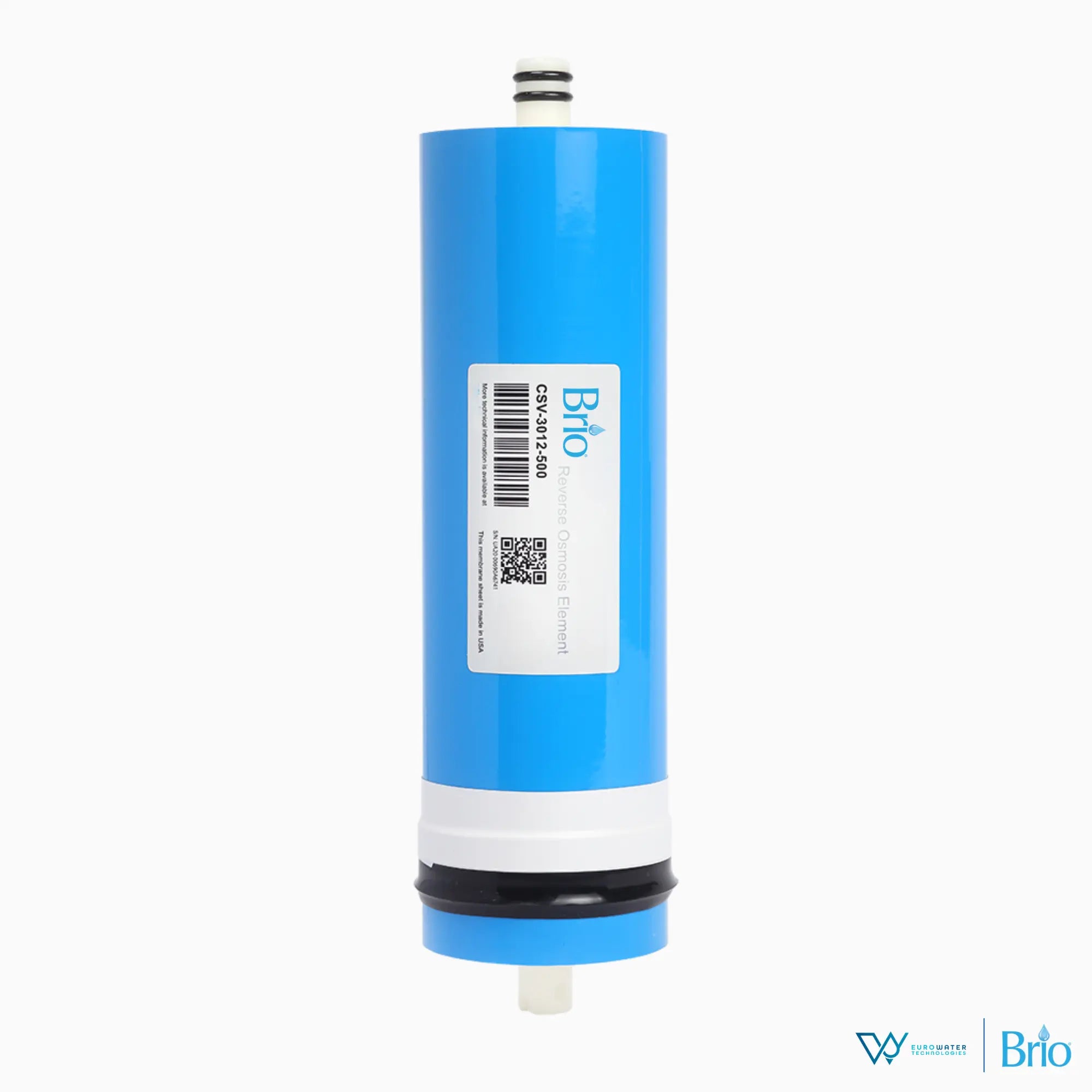 Filtro de agua color azul con el grabado "Brio". Acompañada de los logos de Eurowater y BWT.
