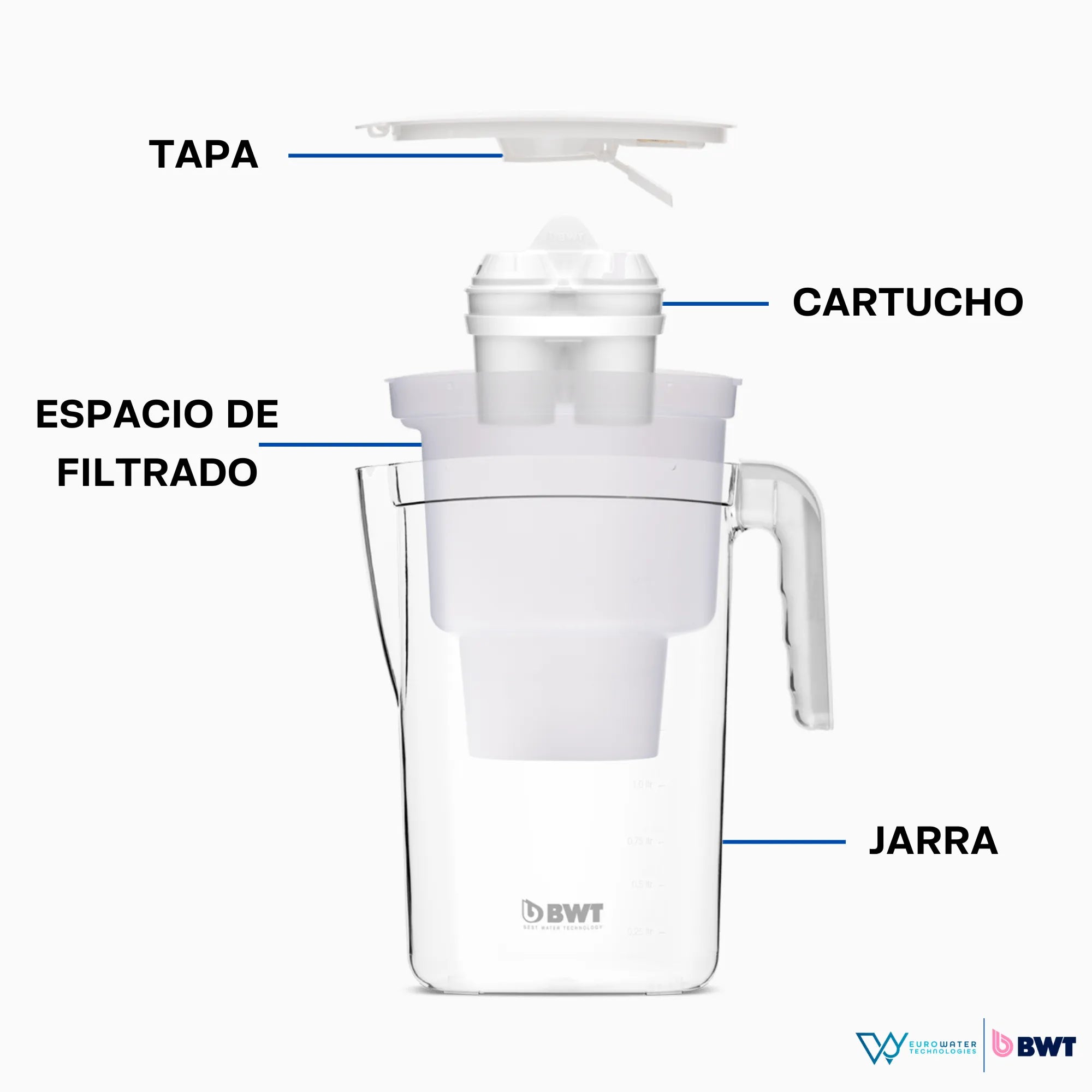 JARRA VIDA BWT para el filtrado del agua con indicador de sustitución de filtro. Capacidad de 2.6 litros, color blanco 11.3 x 27.8 x 25.2 cm